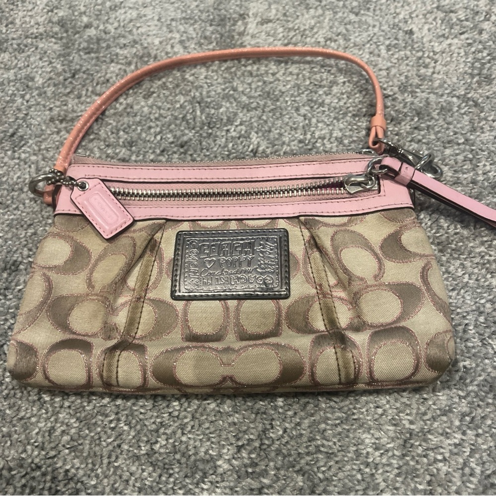 Coach Pink Trim Khaki Signature Canvas Wristlet